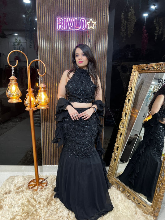 Black Sequin Embellished Mermaid Crop Set RC373