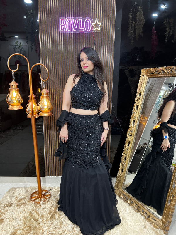 Black Sequin Embellished Mermaid Crop Set RC373