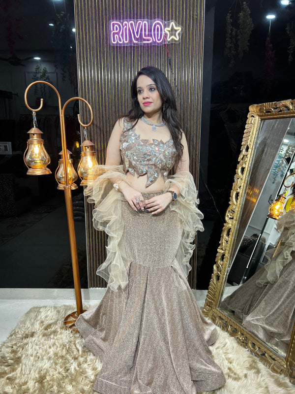 Rose Gold And Navy Blue Shimmer Mermaid Lehenga Set RC338