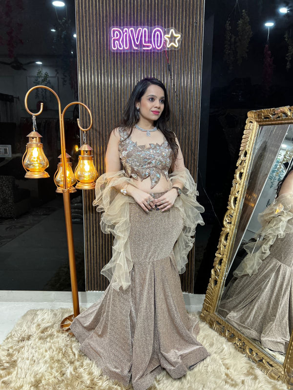 Rose Gold And Navy Blue Shimmer Mermaid Lehenga Set RC338