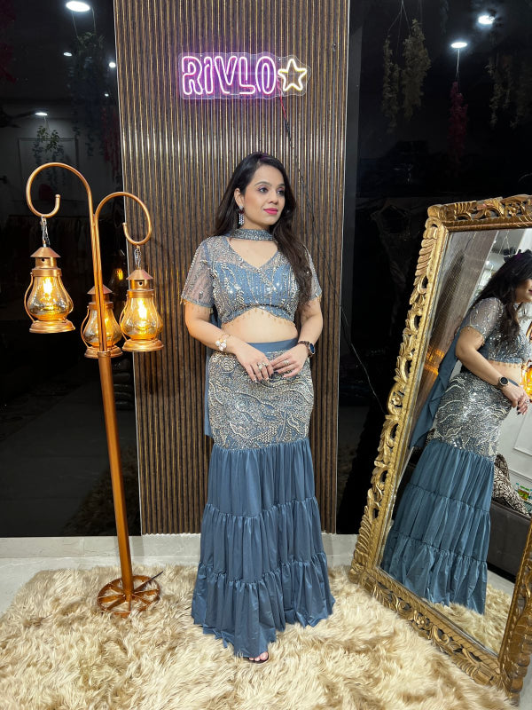 ✨ Dusty Blue And Olive Tiered Skirt & Embellished Blouse Set ✨ RC371