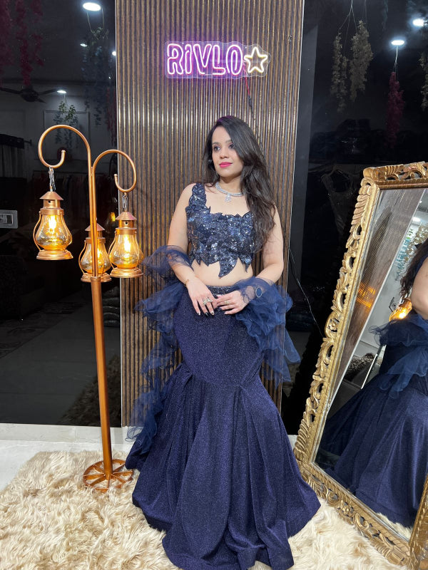 Rose Gold And Navy Blue Shimmer Mermaid Lehenga Set RC338