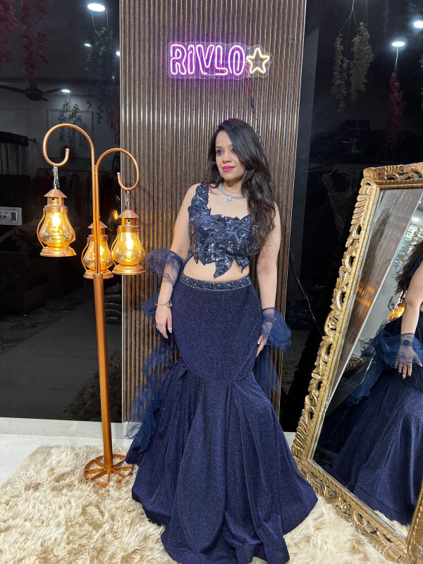 Rose Gold And Navy Blue Shimmer Mermaid Lehenga Set RC338
