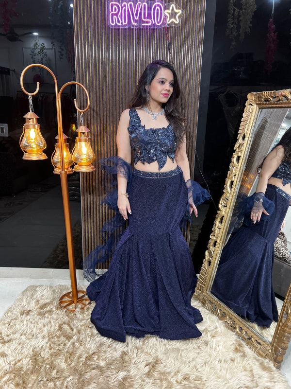 Rose Gold And Navy Blue Shimmer Mermaid Lehenga Set RC338