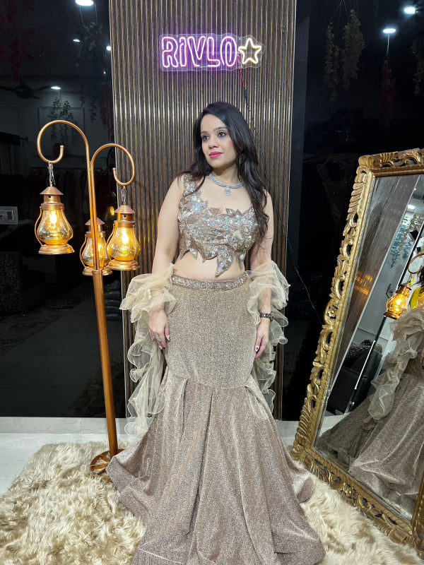 Rose Gold And Navy Blue Shimmer Mermaid Lehenga Set RC338
