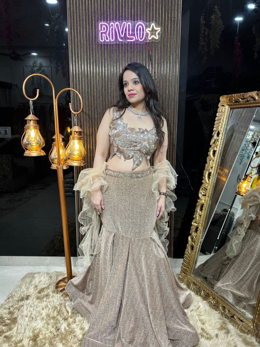 Rose Gold And Navy Blue Shimmer Mermaid Lehenga Set RC338