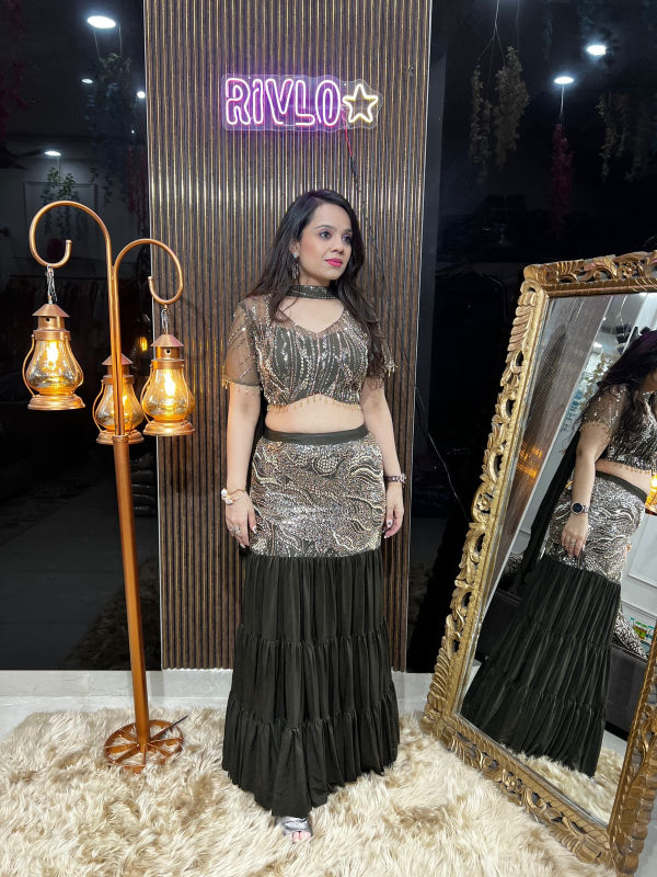✨ Dusty Blue And Olive Tiered Skirt & Embellished Blouse Set ✨ RC371