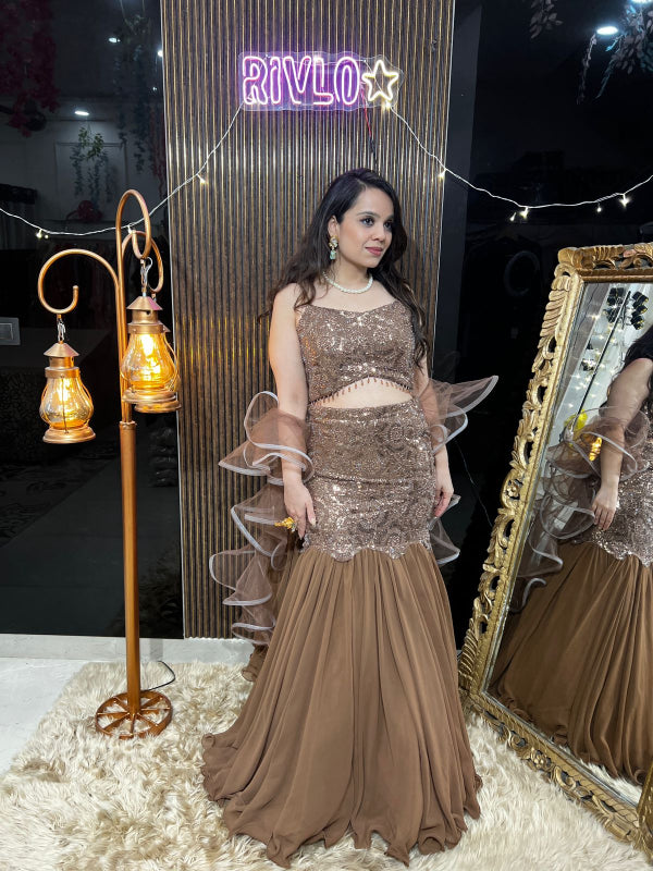 Mocha And Black Ruffle Glam Fishcut Lehenga RC379