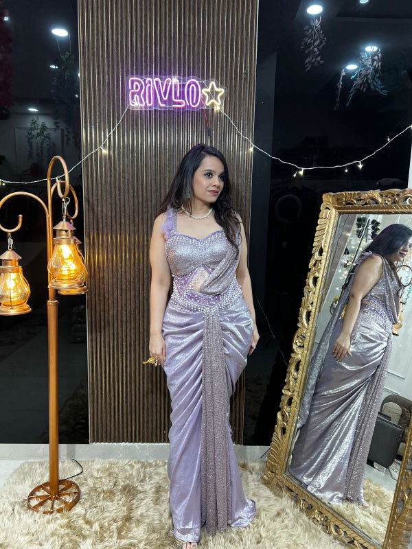 Lavender Sequin Draped Saree RC377