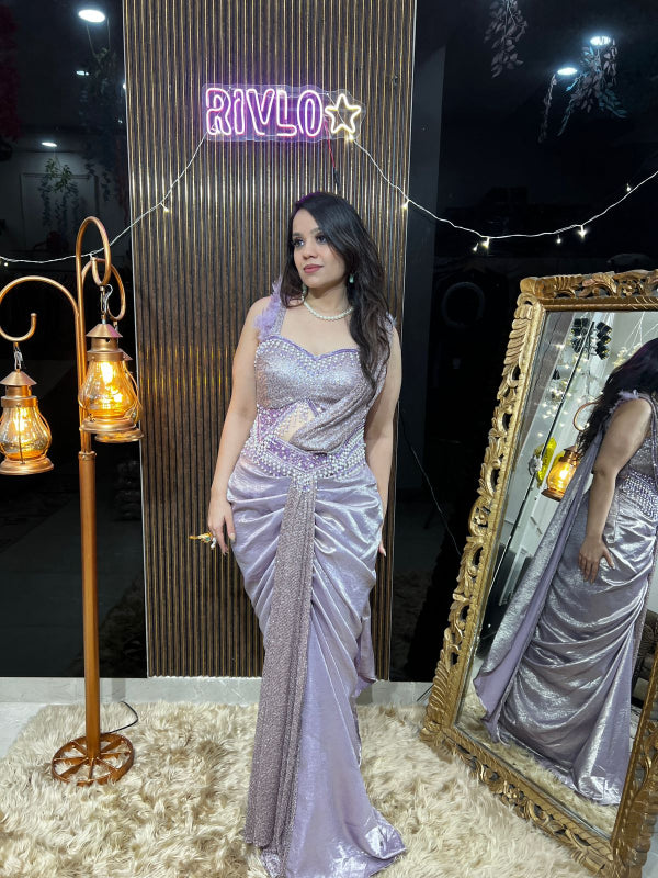 Lavender Sequin Draped Saree RC377