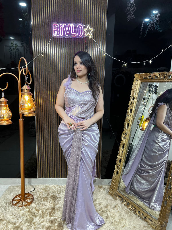 Lavender Sequin Draped Saree RC377