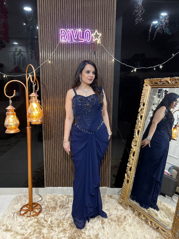 Blood Red And Midnight Navy Draped Saree RC382