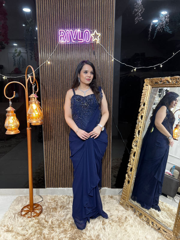 Blood Red And Midnight Navy Draped Saree RC382