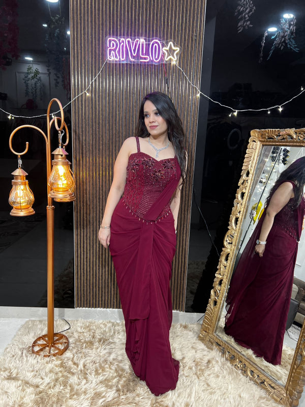 Blood Red And Midnight Navy Draped Saree RC382