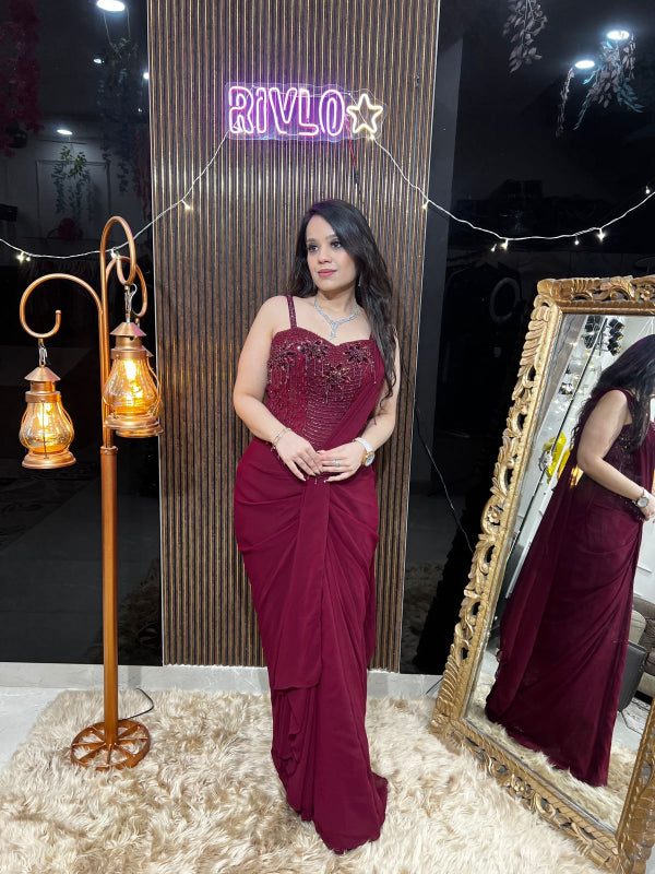 Blood Red And Midnight Navy Draped Saree RC382