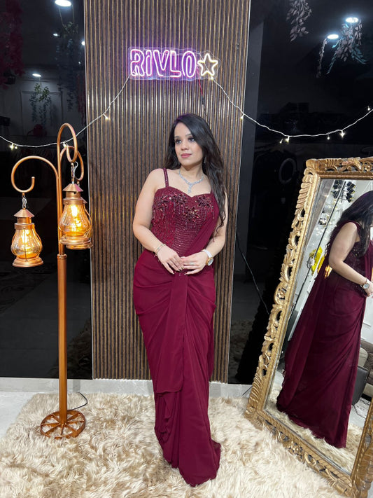 Blood Red And Midnight Navy Draped Saree RC382