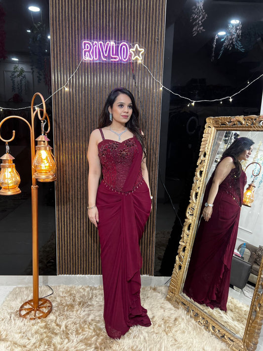 Blood Red And Midnight Navy Draped Saree RC382