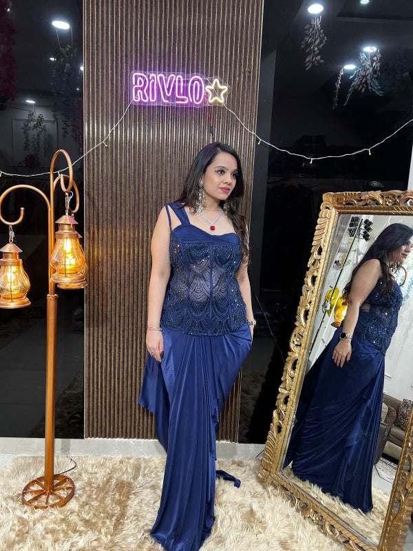 Midnight Blue Embellished Corset & Draped Skirt Set RC386