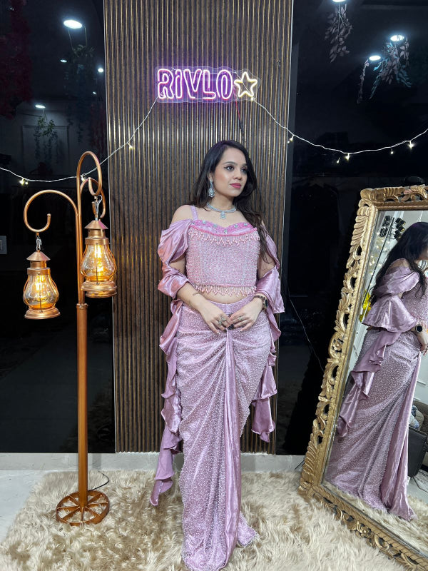 Blush Pink And Blue Embellished Corset & Draped Skirt Set RC387