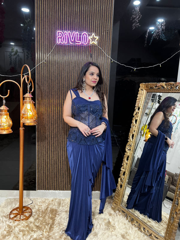 Midnight Blue Embellished Corset & Draped Skirt Set RC386