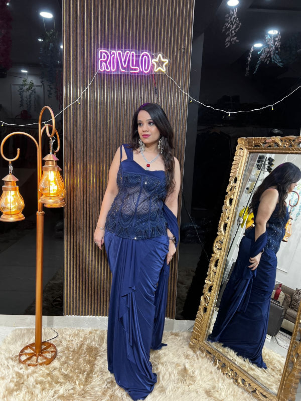 Midnight Blue Embellished Corset & Draped Skirt Set RC386