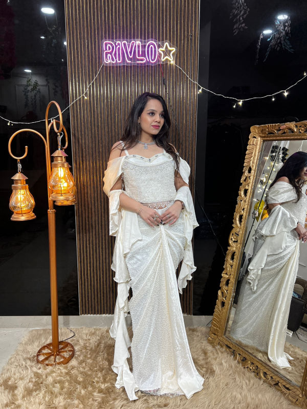 Gold Beidge And White Embellished Corset & Draped Skirt Set RC388