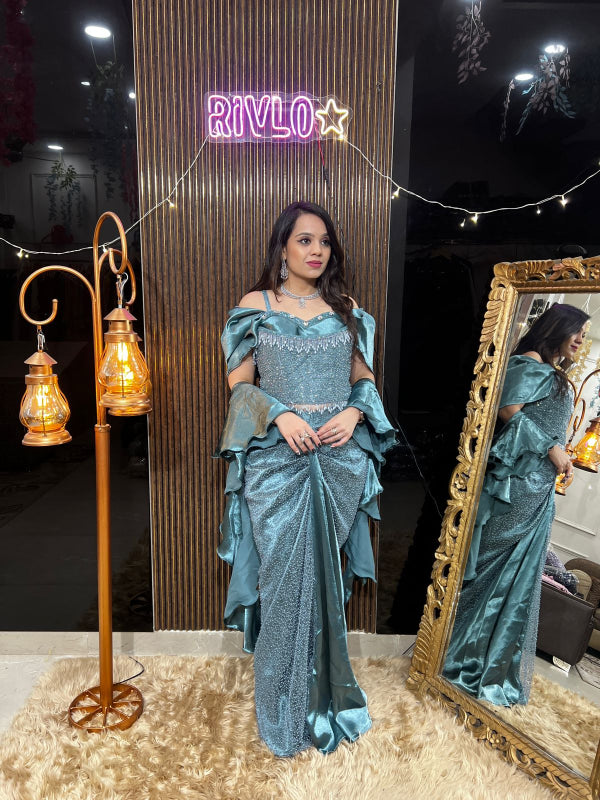 Blush Pink And Blue Embellished Corset & Draped Skirt Set RC387