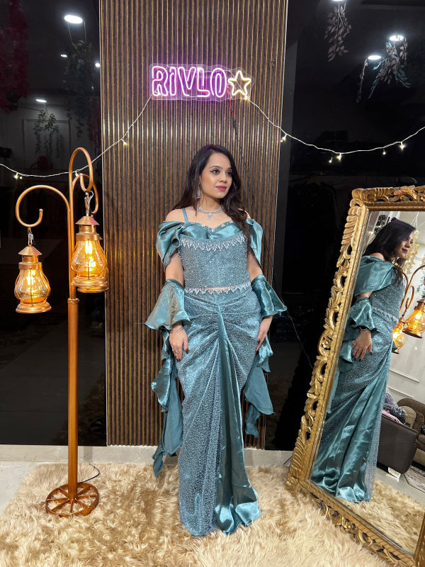 Blush Pink And Blue Embellished Corset & Draped Skirt Set RC387