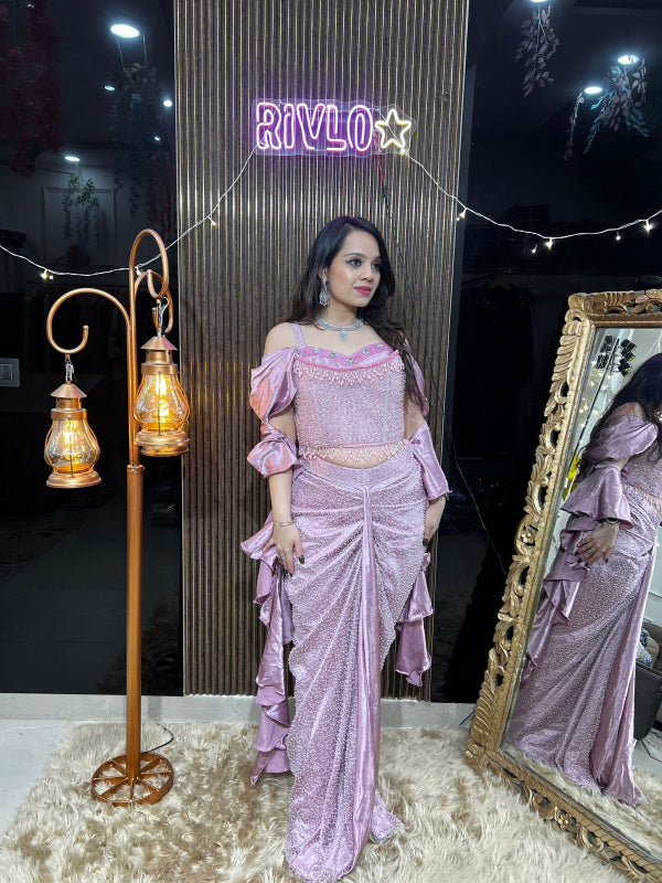 Blush Pink And Blue Embellished Corset & Draped Skirt Set RC387