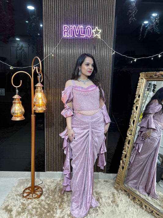 Blush Pink And Blue Embellished Corset & Draped Skirt Set RC387