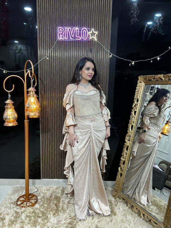 Gold Beidge And White Embellished Corset & Draped Skirt Set RC388