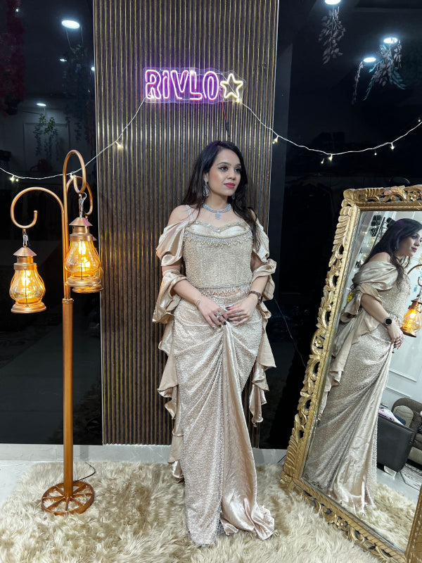 Gold Beidge And White Embellished Corset & Draped Skirt Set RC388