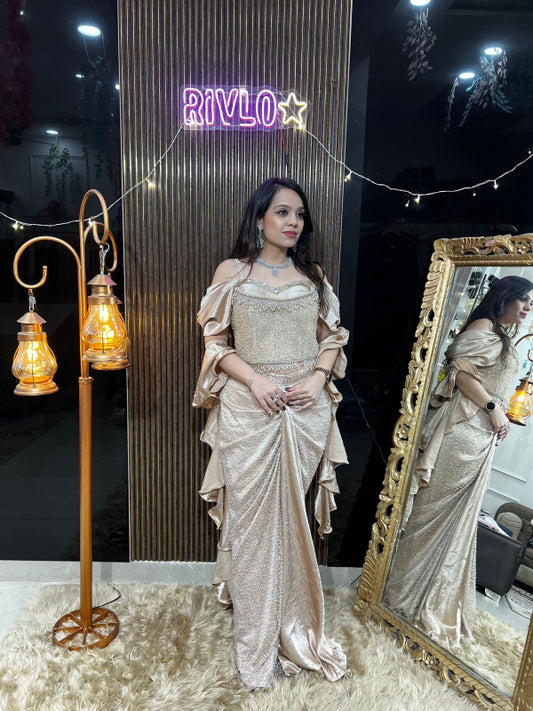 Gold Beidge And White Embellished Corset & Draped Skirt Set RC388