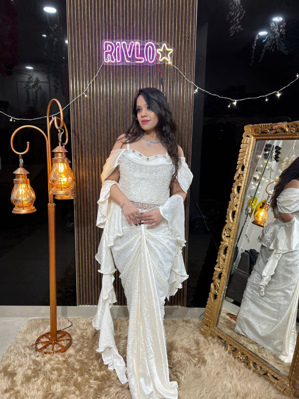 Gold Beidge And White Embellished Corset & Draped Skirt Set RC388