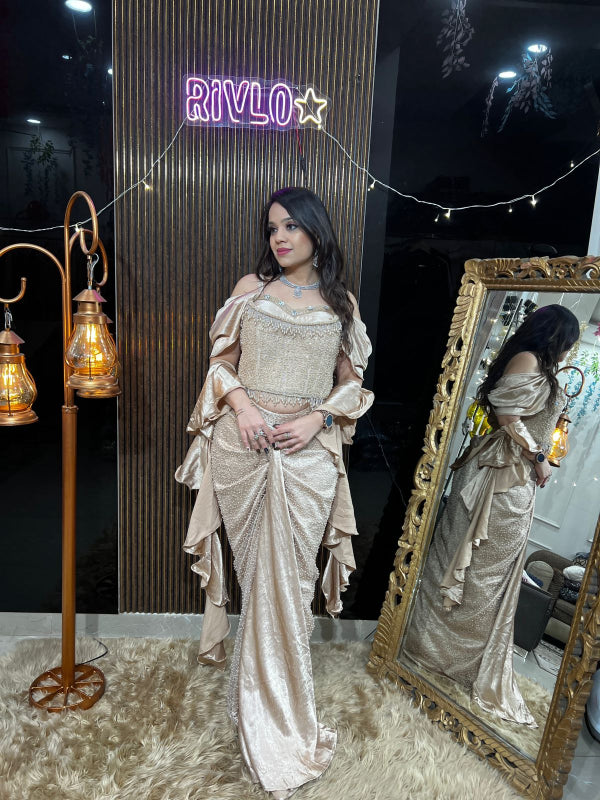 Gold Beidge And White Embellished Corset & Draped Skirt Set RC388