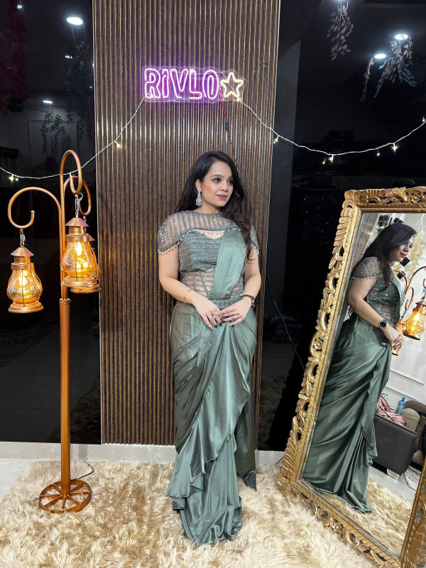 Sage Mist Embellished Drape Saree RC389