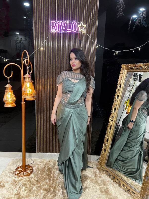 Sage Mist Embellished Drape Saree RC389