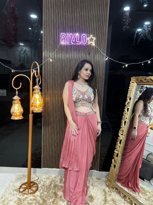 🌸 Rose Mauve Pre-Draped Saree Set By Rivlo Aurum AC03