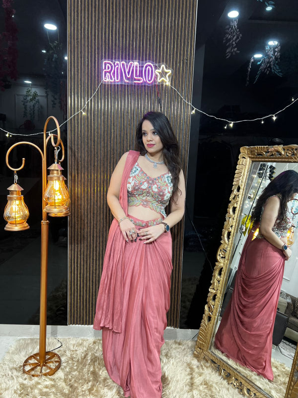 🌸 Rose Mauve Pre-Draped Saree Set By Rivlo Aurum AC03