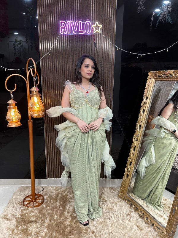 Blush Gold and Mint Green Indo Saree RC390