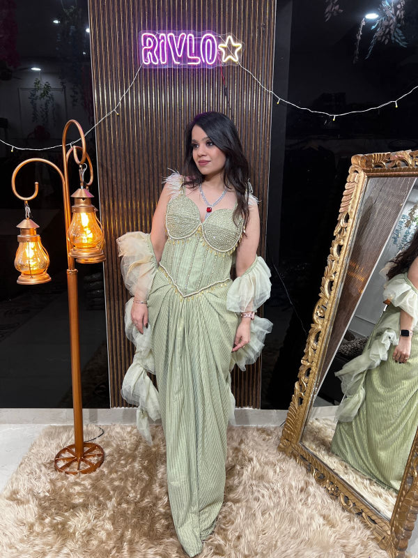 Blush Gold and Mint Green Indo Saree RC390