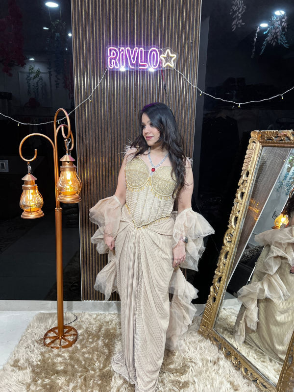 Blush Gold and Mint Green Indo Saree RC390