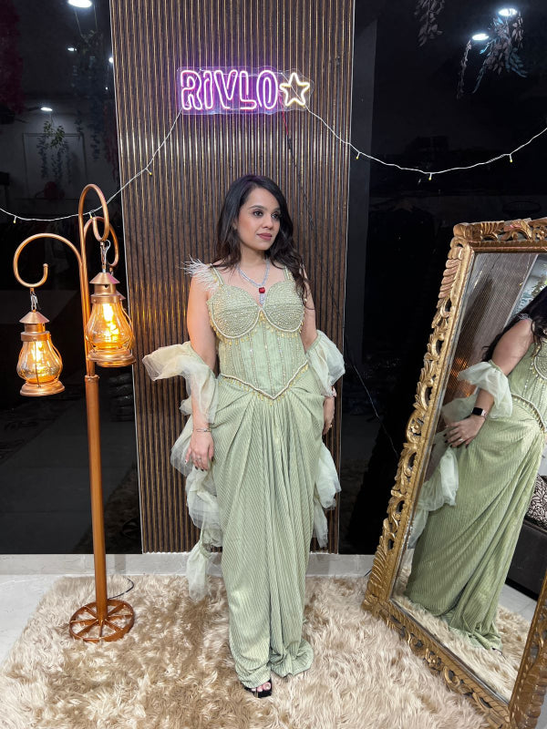 Blush Gold and Mint Green Indo Saree RC390