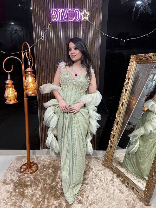 Blush Gold and Mint Green Indo Saree RC390