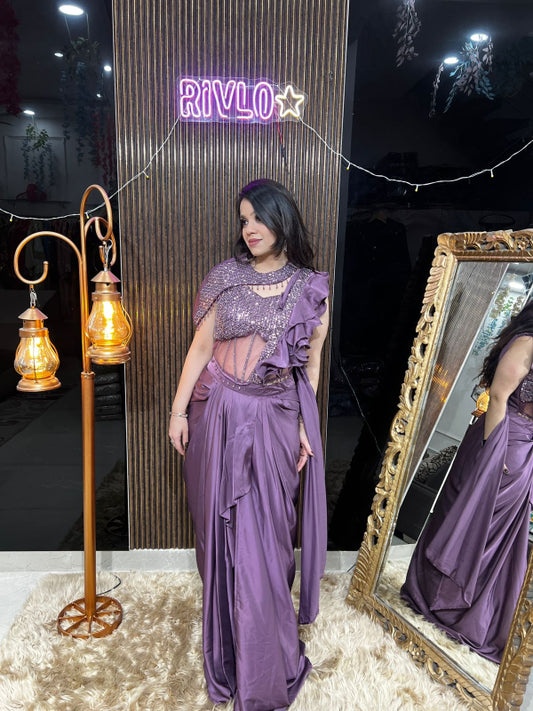 ✨ Indo-Western Ruffle Drape Set With Cape RC393