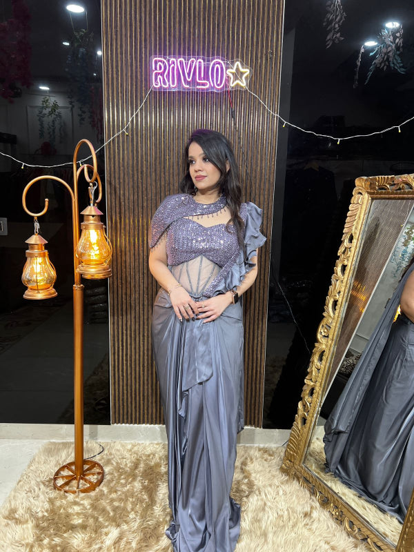 ✨ Indo-Western Ruffle Drape Set With Cape RC393