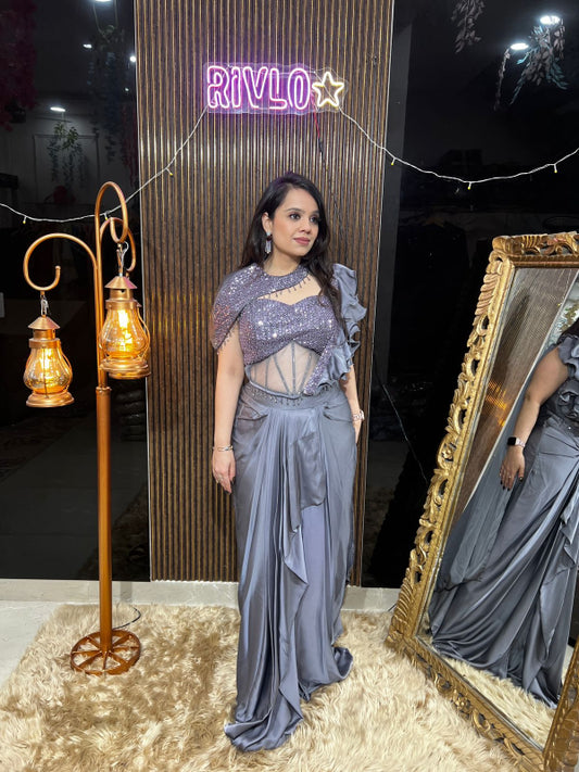 ✨ Indo-Western Ruffle Drape Set With Cape RC393