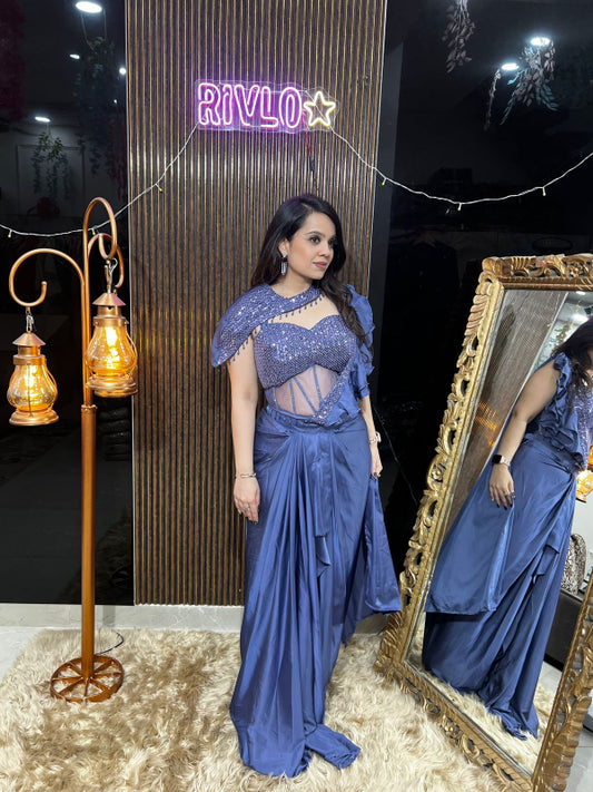 ✨ Indo-Western Ruffle Drape Set With Cape RC394