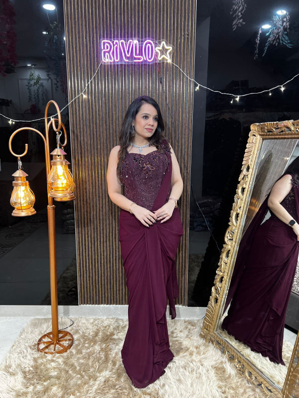 Wine And Black Corset Saree RC391