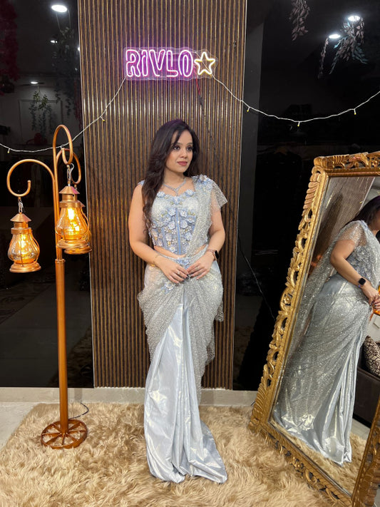 ✨ Silver Embellished Indo-Western Drape Set AC07